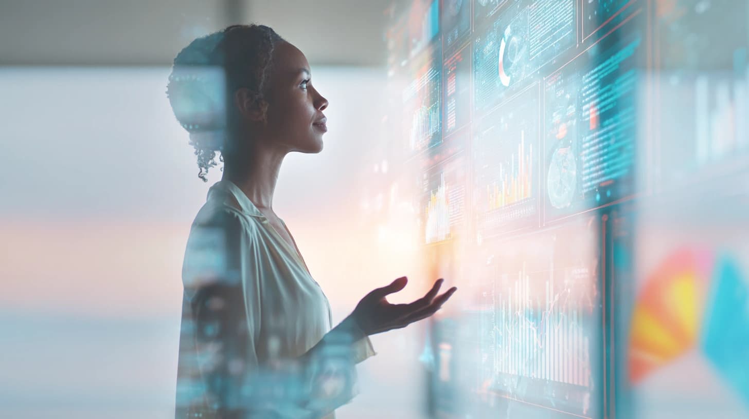 Businesswoman analyzing digital marketing funnel