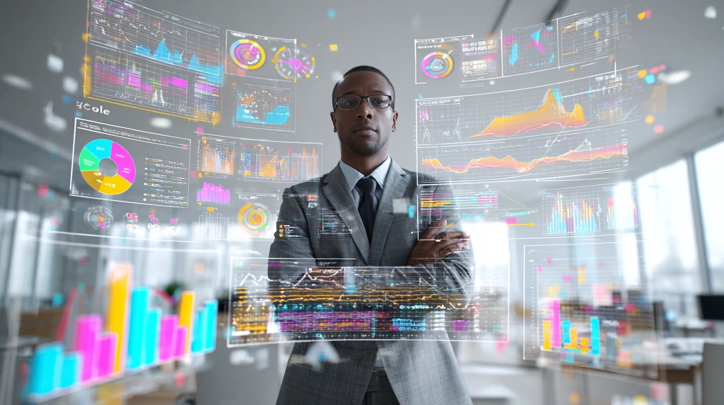 Man analyzing digital data screens